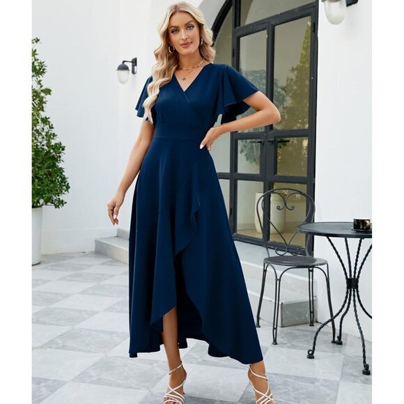 Long Formal Dresses for Women Navy blue V Neck Wrap Ruffle Dress - Picture 3 of 6
